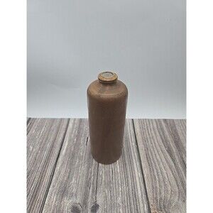 Antique Old Handmade Brown Stoneware Glazed Pottery Bottle Vase